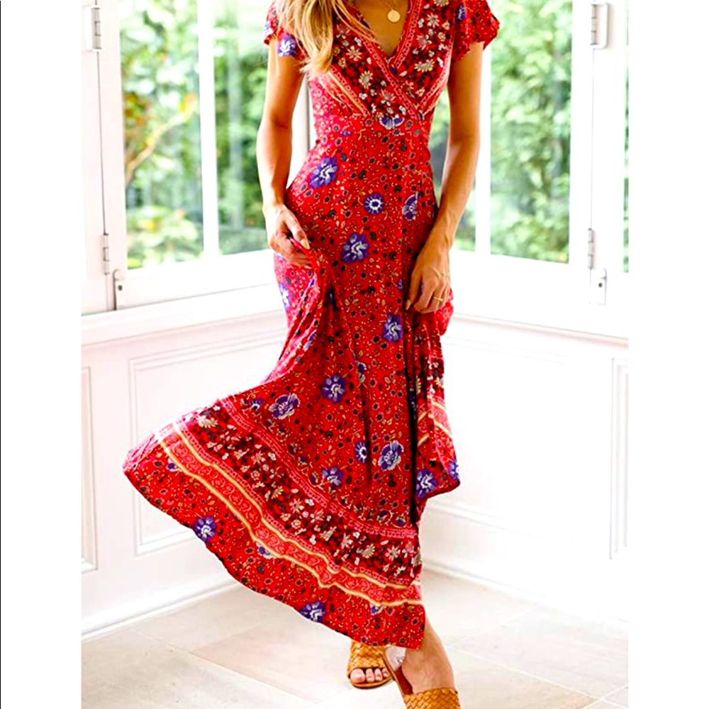 Red Paisley Wrap Dress Short Sleeve Summer Beach Sz M